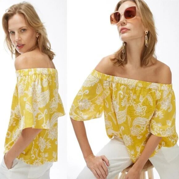 CHICO'S NWT Linen Paisley Off Shoulder Short Sleeve Knit Yellow Top~Size S - Picture 1 of 8